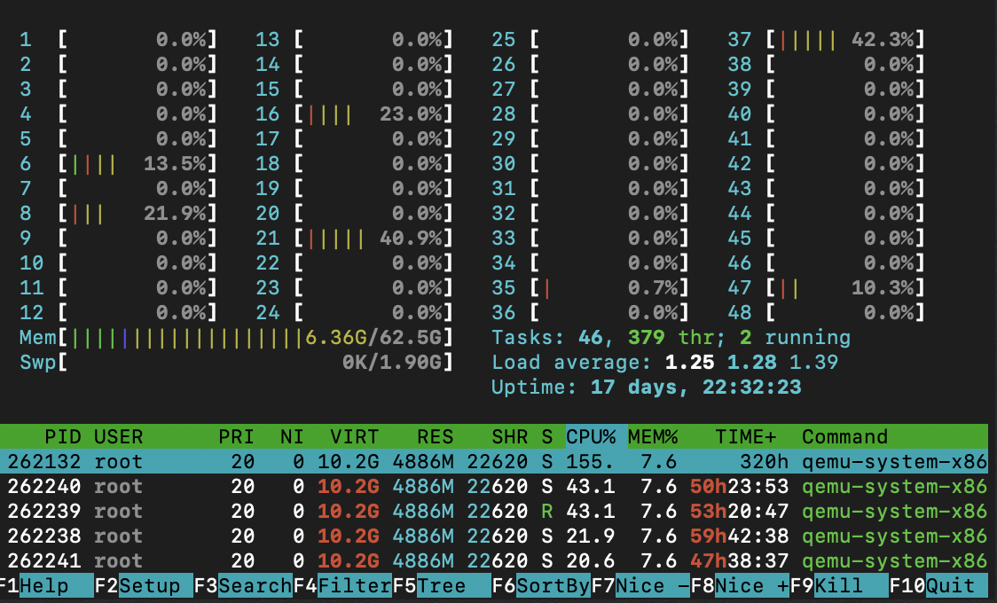 An htop command running on the machine